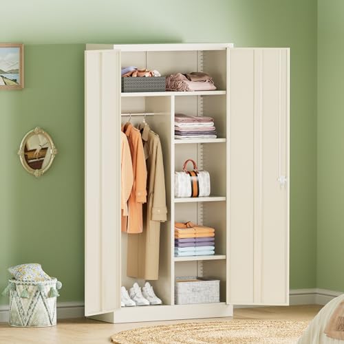Image of INTERGREAT Metal Wardrobe Closet, 72 inch Locking Storage Wardrobe Cabinet with Doors and Shelves, 18 inch D x 36 inch W Steel Clothes Storage for Office, Home, School, Gym (Warm Grey)