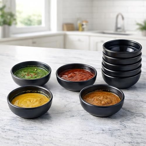 Image of Set of 12 Mini Plastic Dip Bowls - Small Sauce & Chutney Bowls for Kitchen, Restaurant & Cafe - Durable Reusable Condiment Bowl for Sauces and Side Dish