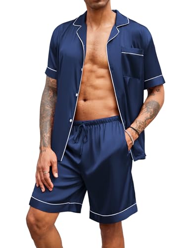 Image of Ekouaer Mens Satin Pajamas Set Button-Down Short Sleeve Shirt Top Soft Silk Sleepwear Shorts with Pockets