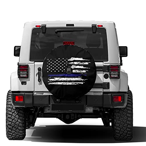 Image of Delerain Blue Line Flag White Spare Tire Cover with Backup Camera Hole for RV Trailer SUV Truck and Many Vehicle, Wheel Covers Sun Protector Waterproof (15 Inch for Diameter 27 inch-29 inch)