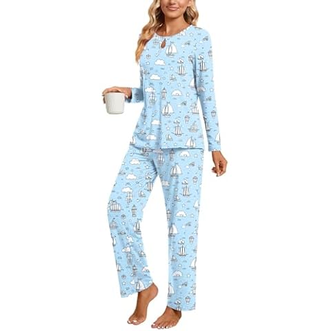 Aodemo Women's Fall 2 Piece Pajama Sets, Long Sleeve Keyhole Lounge Sleepwear Ladies Pjs Sets with Pockets L, Blue Sailboat Cover