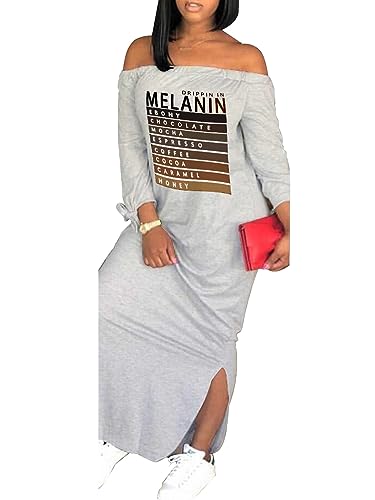Image of Women's Casual Off Shoulder Maxi Dress - African Print Summer Loose Long Sleeve Tunic T Shirt Dresses with Pockets