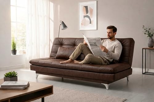 Image of FURNY Eagel 3 Seater Leatherette Sofa Cum Bed with 2 Cushions (Brown) in Premium Finish | Ideal for Living Room, Bedrooms, Offices, Hotels
