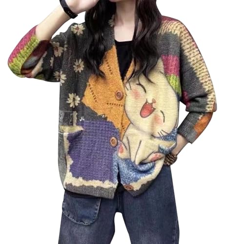 Image of TBUS Women's V Neck Oversized Cat Print Cardigan, Boho Patchwork Knit Sweater Long Sleeve Button Front with Pockets
