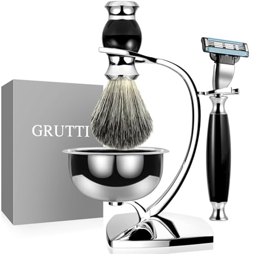 GRUTTI Premium Shaving Kit for Men, 4 in 1 Shaving Set Includes Shaving Stand &amp; Soap Bowl &amp;Brush, Deluxe Safety Mens Razor Holder with Non Slip Base Shaving Kit compatible with Mach 3