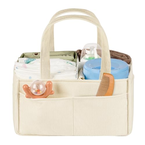 Image of Baby Diaper Caddy Organizer - Portable Nursery Storage Basket for Newborn Essentials, Foldable Diaper Bag Organizer for Baby Shower Gifts and Registry Must-Haves, Car Organizer with Dividers (Beige)