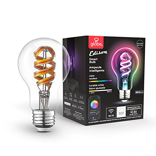 Globe Electric 35850 Wi-Fi Smart 7 W (40 W Equivalent) Spiral Filament Multicolor Changing RGB Tunable White Clear LED Light Bulb, No Hub Required, Voice Activated, 2000K - 5000K, Vintage Edison Style Globe Electric 35850 Wi-Fi Smart 7 W (40 W Equivalent) Spiral Filament Multicolor Changing RGB Tunable White Clear LED Light Bulb, No Hub Required, Voice Activated, 2000K - 5000K, Vintage Edison Style