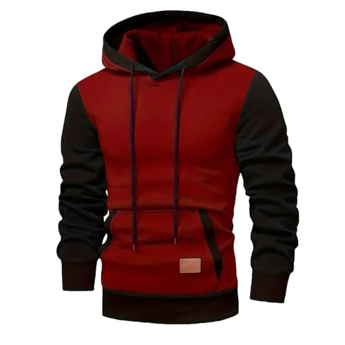 Men's Trendy Patchwork Pullover Long Sleeve Drawstring Hooded Sweatshirt with Pocket Casual Color Block Sweatshirts