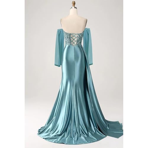 V Neck Prom Dresses with Sleeves Satin Mermaid Formal Evening Gown Long Bodycon Wedding Party Dress3