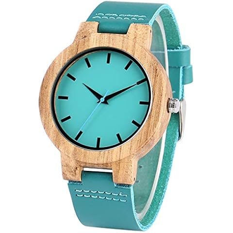 Creative Women Wooden Watches, Fashion Bamboo Wristwatch with Blue Cowhide Leather Strap Casual Lady Wood Quartz Watch for Wife Girlfriend - Packaged in Gift Box Cover