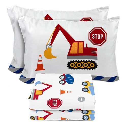 Image of Sunny Side Up Construction Zone Full Sheet Set - 4 Piece Kids Bedding Set Includes Pillow Cover - Super Soft Trucks Microfiber Sheets