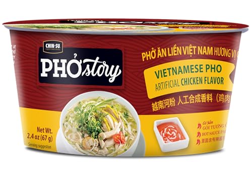 CHIN-SU Vietnamese Pho Noodle Bowl, Chicken Flavor, 2.4 oz, Instant Soup with Rice Noodles