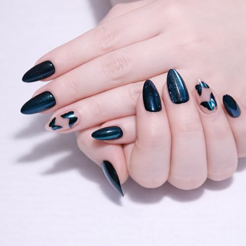 Image of SUSA SOUL24 Pcs ReusablePress On Nails Fake Nails with Glue and Kit| Midnight Aurora ButterfliesHigh Gloss Press On Nails | ABS Material UV Protected Long Lasting Finish | Reusable Customizable Nail Kit |Almond Nails salon fresh look (Green - Medium Almond)