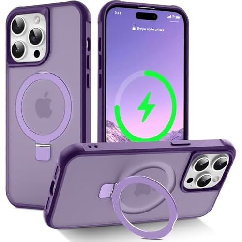 Magnetic Compatible with iPhone 14 Pro Max Case with Stand [Military Grade Drop Tested][Compatible with Magnet] Ring Translucent Slim Hard Back Soft Edge, Purple