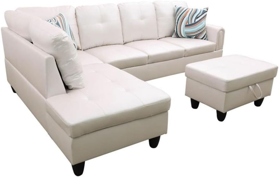 Pemberly Row Faux Leather 3-Piece Sectional Set, Off White Finish, Includes Sofa, Chaise, Storage Ottoman, and 2 Toss Pillows, L-Shaped, Left Facing, Comfortable Living Room Seating, 96.8"W x 33.7"H