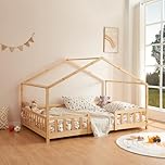 [en.casa] Treviolo Children's House Bed 120 x 200 cm With Fall-Out Protection - Wooden Frame With Slatted Frame, Play Bed, Pine Wood, Wood Colours