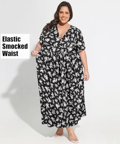 Image of CARCOS Plus Size Dresses for Curvy Women V Neck Summer Maxi Dress Short Sleeve Floral Boho Dress Smocked Waist Beach Dress
