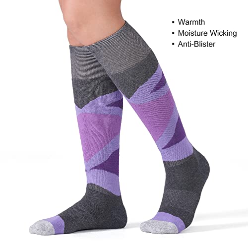 Cs Celersport 2 Pack Women's Ski Socks With Full Cushion, Wool Winter Warm Socks For Skiing Snowboarding, Dark Grey + Purple, Small #TOP2