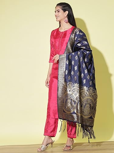 Image of VredeVogel Women's Cotton Silk Blend Straight Kurta Trouser With Dupatta Set