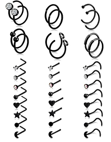 Tornito 20G 36Pcs Stainless Steel L Bone Screw Shaped Nose Ring Cz Nose Stud Retainer Labret Nose Piercing Jewelry For Women Men Black Tone #TOP2