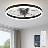 Fszdorj Ceiling Fan with Light, Upgraded 20‘’ Low Profile Fan, Flush Mount Ceiling Fan, 6 Speeds, Dimmable LED, App & Remote Control, Quiet DC Motor, for Bedroom, Living Room, F105 Black-D