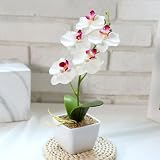 Auratrove Pianta artificiale di orchidea Phalaenopsis, fiore finto in vaso a 5 teste per decorazione di casa, ufficio, matrimonio, 27 cm, in plastica, con vaso