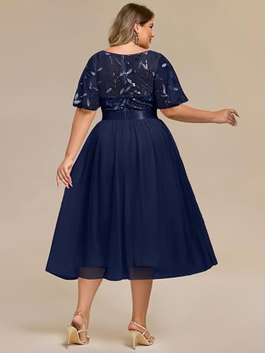Image of Ever-Pretty Plus Women's Round Neck Embroidery Short Sleeves Sequin Tulle Midi Plus Size Cocktail Wedding Guest Dresses Navy Blue US16