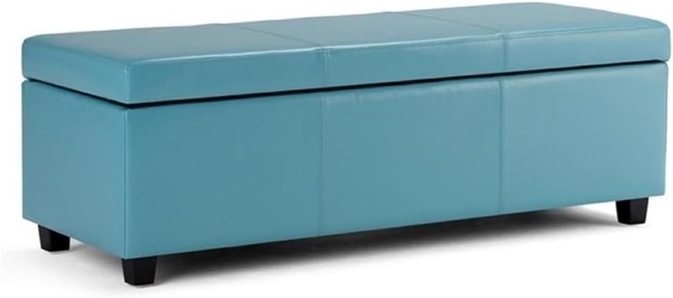 48" Wide Leather Storage Ottoman Bench with Lift Top, Upholstered, Footrest with Large Storage Space, Baby Blue Storage Chest with Wood Legs, Queen Size End of Bed Bench with Hidden Space for Blankets
