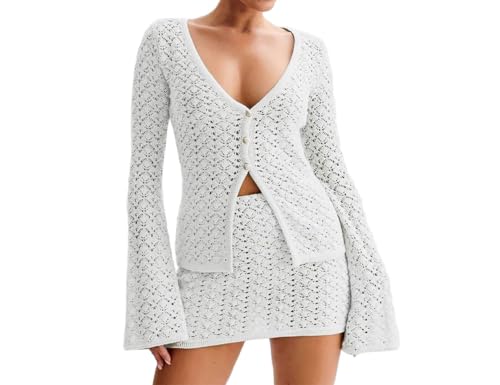 Women Crochet Knit 2 Piece Outfits Set Summer Cover Up Set Flared Long Sleeve Button Down Tops Beach Mini Skirt Vacation Outfits White
