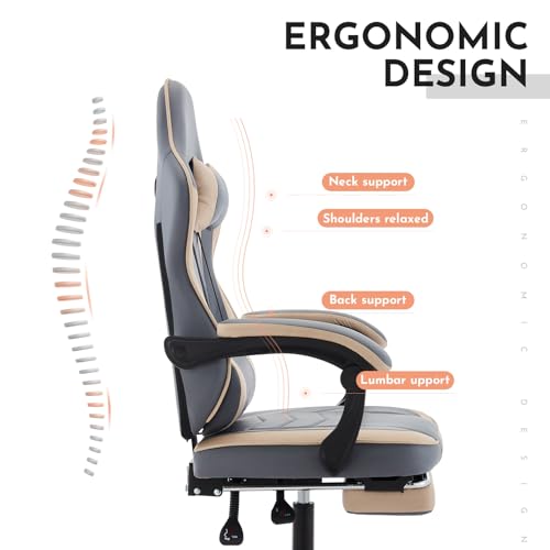 Image of Gaming Chair with Headrest and Lumbar Support, High Back Computer Office Desk Chair with Footrest, 360 Swivel Height Adjustable Recliner Game Chair (Beige Blue)