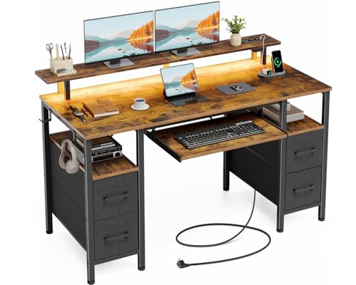 Seventable Bureau Gaming 120 cm avec Prises & Ports USB, LED RGB, Bureau avec Rangement et 4 Tiroirs en Tissu, Plateau Clavier Ergonomique et Support Écran...