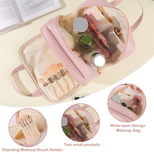 HERYEBING-Cosmetic-Bags-Large-Capacity-Makeup-Bag-PU-Leather-Waterproof-Toiletry-Bag-for-Women-Portable-Travel-Wash-Bag-Multi-Compartment-Makeup-Case-with-Handle-Pink
