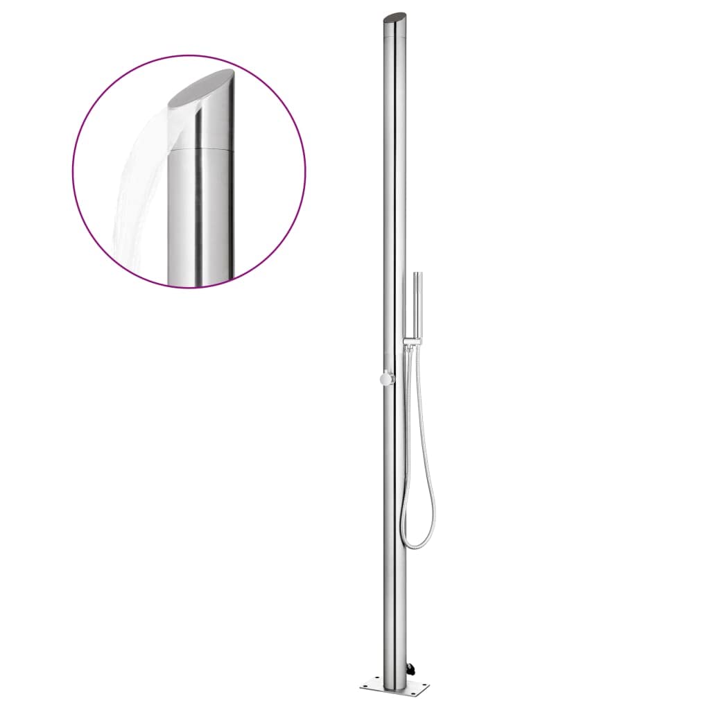 Prysznic ogrodowy z brązową płytą podłogową ze stali nierdzewnej o wysokości 225 cm, płyta podłogowa WPC 80 x 62 cm, słuchawka prysznicowa z wężem 1,5 m, akcesoria basenowe do ogrodu, na