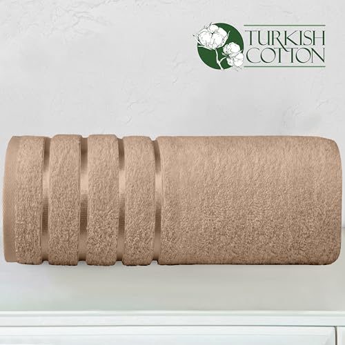 Image of Elegant Comfort 100% Turkish Cotton 4 Lines Viscose Stripe Jumbo Bath Towel - Hotel Spa Quality Extra Large 35 x 70 Inch Bath Towel Ultra Soft, Super Absorbent Quick Dry Large Bath Towel, Taupe