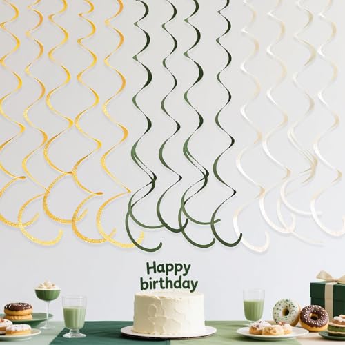 Image of 36Pcs Sage Green Gold Hanging Swirl Decorations Glitter Gold Olive Green Beige Felt Swirl Streamer Spiral Ceiling Garland for Wild One Jungle Woodland Safari Neutral Birthday Wedding Party Supplies