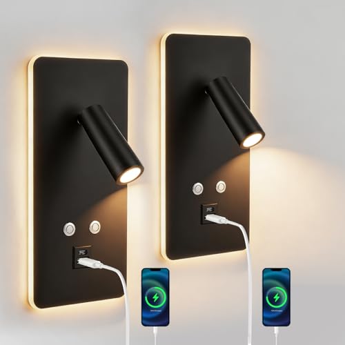 Eirolace 2Pcs Liseuse Applique Murale LED avec Interrupteur, Port USB et Type C, Liseuse de Chevet Dimmable en continu, 3W+9W 3000K Moderne Li-seuse Murale Chambre pour Chambre Salon Hôtel Lire(C)
