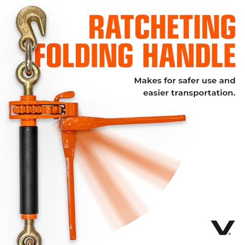 Image of VULCAN Folding Handle Load Binder (Two Pack) with Grab Hook /Slip Hook - Ratchet Style - 6,600 Pound Safe Working Load (Works with 5 /16 Inch or 3 /8 Inch Grade 70 and Grade 80 Chain) - 2 Pack