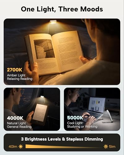 Luz de libro recargable con atenuación continua y clip para cama 3
