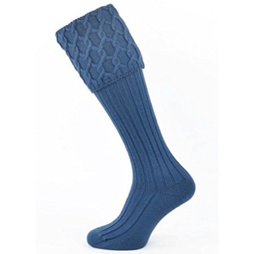 The House of Cheviot Lewis Cable Knit Ancient Blue Merino Wool Kilt Hose Socks Made in Scotland