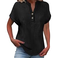 Oberteile Damen Sommer, Musselin Leinenbluse Damen 2025 Frauen Sommer Tshirt Baumwolle Leinen T-Shirt Knopf V-Ausschnitt Tunika Tops Casual Tshirts Trendy Strandkleid Bluse, schwarz L