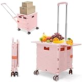 SELORSS Foldable Utility Cart Rolling Crate Handcart Shopping Cart with Rotate Wheels Extended Magnetic Lid Telescoping Handle Adjustable Angle for Transports Groceries Office Teacher File(Pink)