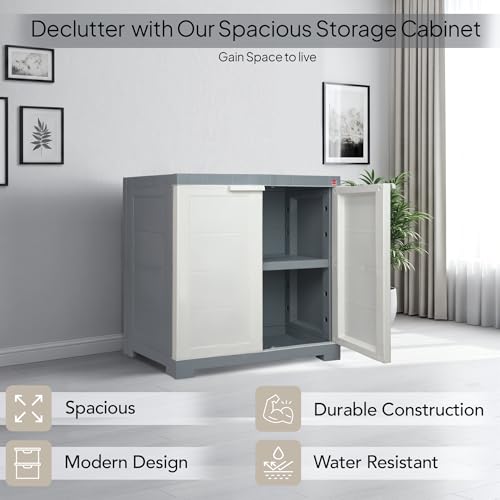 Image of Cello Novelty Compact Bookshelf, White & Grey | 2 Dustproof Doors | Space Saving Cupboard | Plastic Book Shelf | Multipurpose Book Shelf for Home, Office | Book Organizer for Library