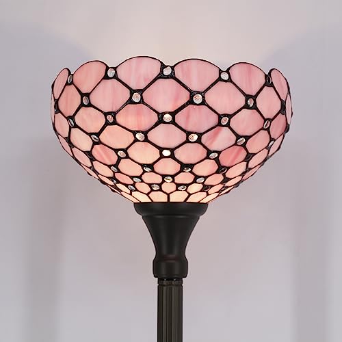 Image of WERFACTORY Tiffany Floor Lamp Pink Stained Glass Pearl Bead Light 12X12X71 Inches Torchiere Standing Corner Torch Uplight Decor Bedroom Living Room Home Office S005P Series