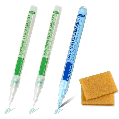 VHOUHOU 3 PCS Masking Fluid Pen for Watercolor Painting with 2 Erasers 1 Blue and 2 Green Watercolor Masking Fluid Pen with 0.7mm Applicator Tip for Various Art Projects