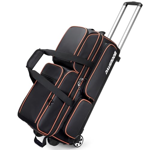 DAUSROOB 3 Ball Bowling Bags with Wheels, Bowling Bags 3 Ball Roller - 900D Oxford Waterproof PU, Bowling Bag with Multi-Separate Storage Pockets & Retractable Handle Extends to 40'' (Black)