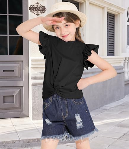 Image of Girls Ruffle Short Sleeve Blouse Twist Front Shirt Summer Crewneck Casual Tops Black 5-6 Years