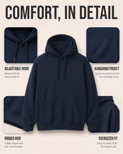 Image of NOBERO Oversized Solid Hooded Sweatshirt for Men | Oversized Hoodie for Men | Hooded Pullover | Cotton Rich Printed Hoodie 280 GSM Fleece