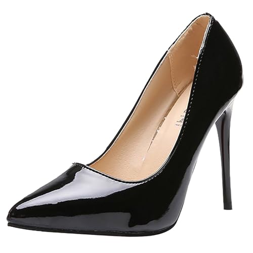 Zapatos de noche elegantes cerrados para mujer, zapatos de fiesta con punta puntiaguda, tacones sexies, tacones de aguja, lisos, charol, informales, bodas, fiestas, sandalias, Negro , 44 EU