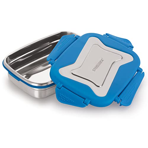 Image of STEELLOCK Smart Stainless Steel Tiffin Lunch Box for Kids and Adults | Airtight & Leakproof | Rectangle Tiffin Box for School & Office with Steel Lid | Blue 550ml - 2pc