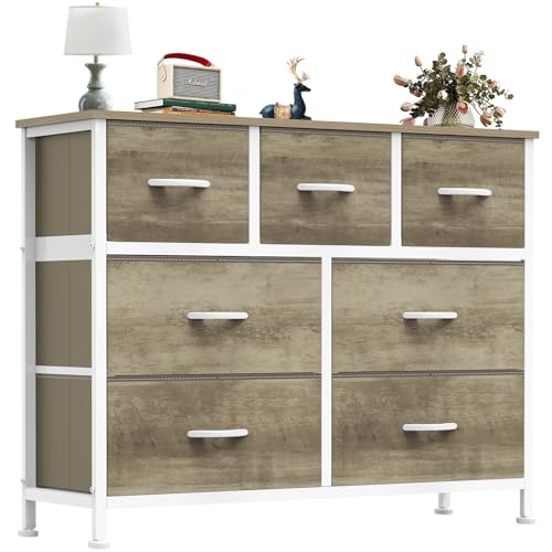 Image of OLIXIS 7 Drawers Fabric Dresser for Bedroom, Storage Tower Organizer for Living Room & Entryway, Sturdy Steel Frame, Wooden Top & Easy-Pull Bins, Closet Chest for Clothes, Oak Greige